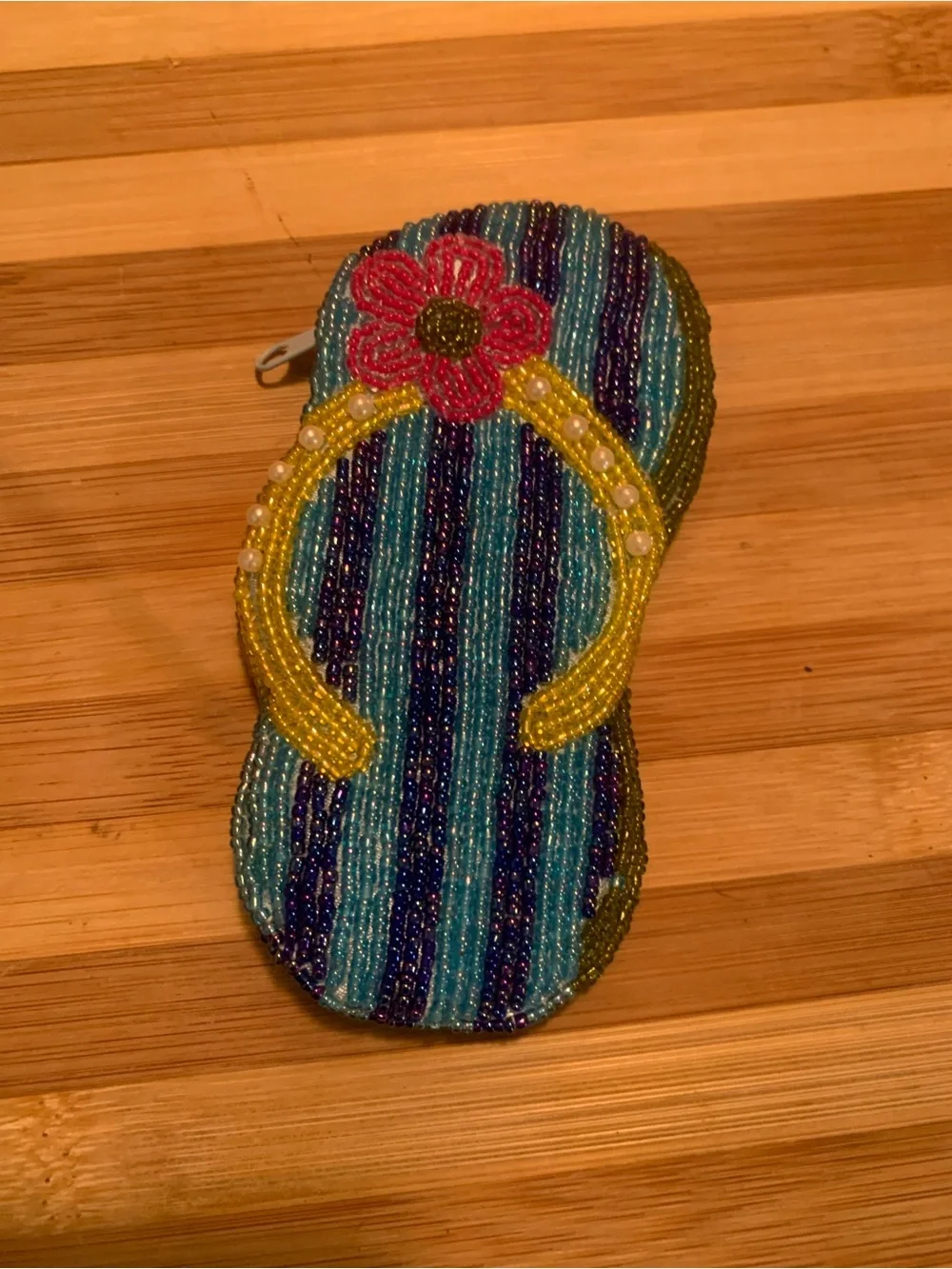 Handmade Beaded Flip-Flop Coin Purse w/ Blue Stripes, Pink Flower, Pearl Accents